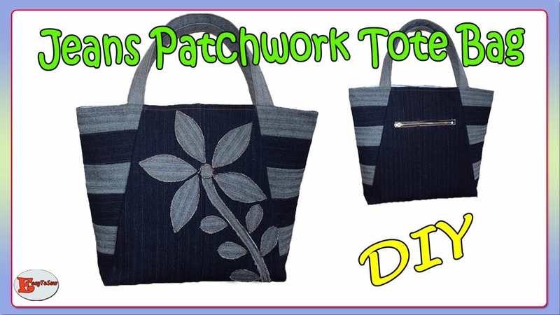 DIY PATCHWORK JEANS TOTE BAG, HOW TO SEW A PATCHWORK JEAN TOTE BAG, JEANS TOTE BAG